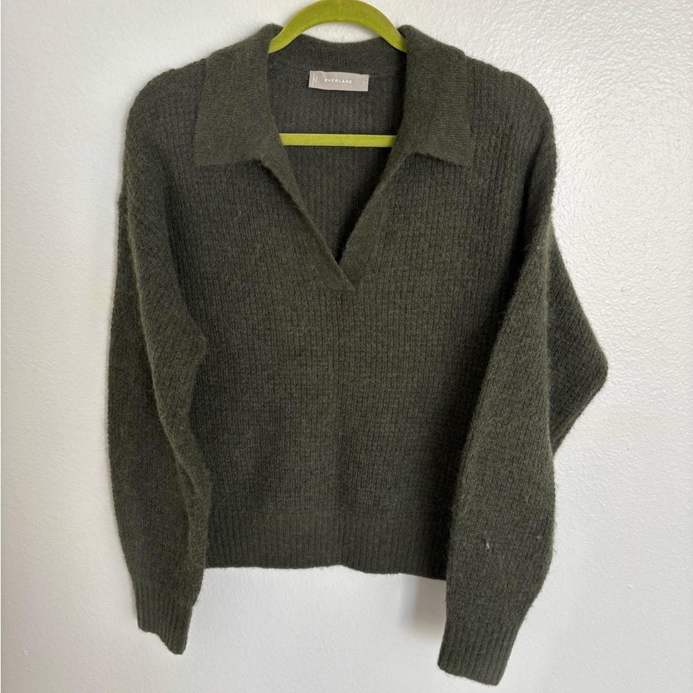 Everlane Alpaca Wool Olive Green V-Neck Collared Sweater